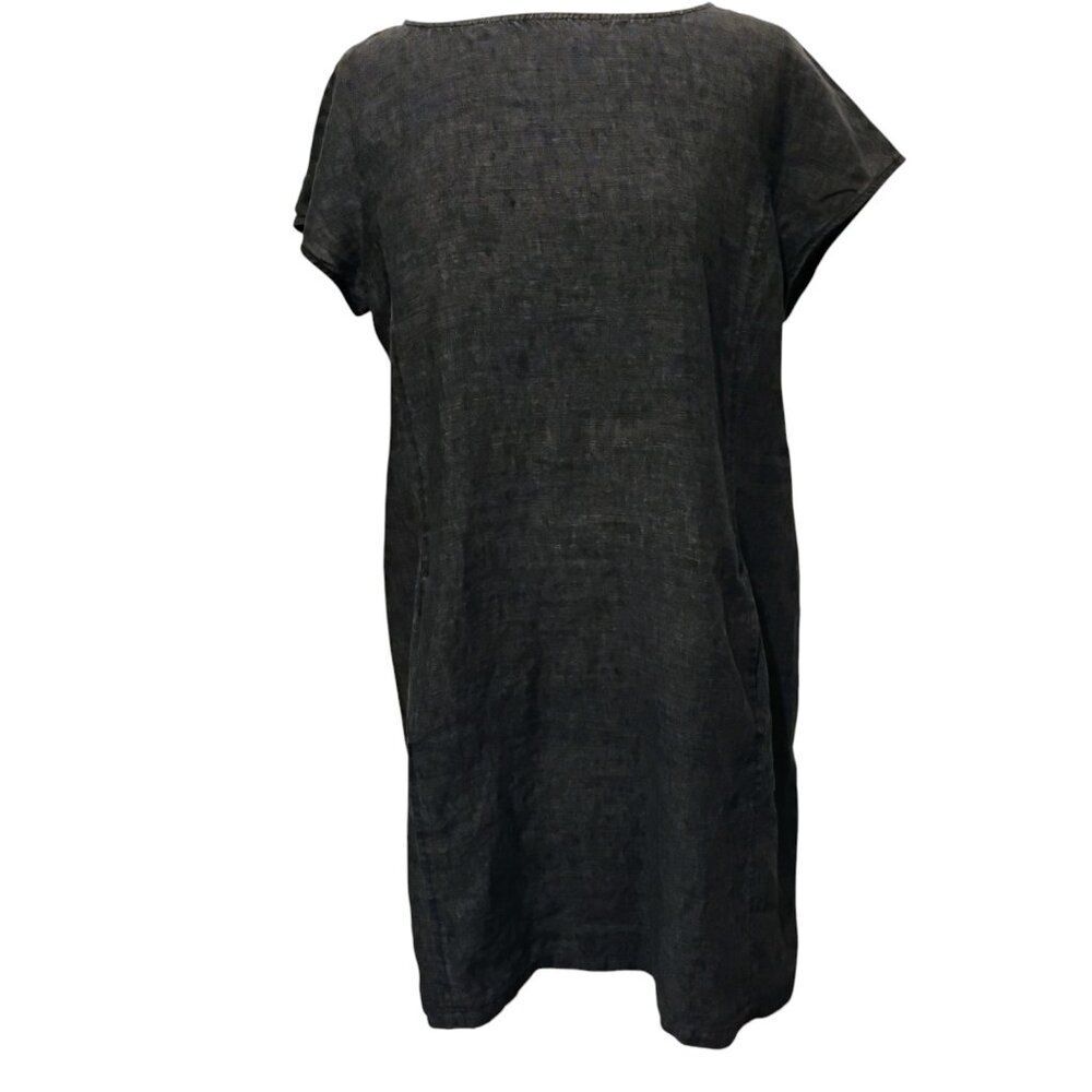 Eileen Fisher Dress 100% Linen Shift Lagenlook Pockets Boat Neck Charcoal Gray L - Picture 2 of 9